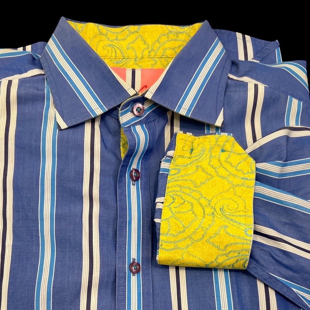 Robert Graham Blue Striped Dress Shirt 2XL Bold Cuff Detail‎ Statement Style